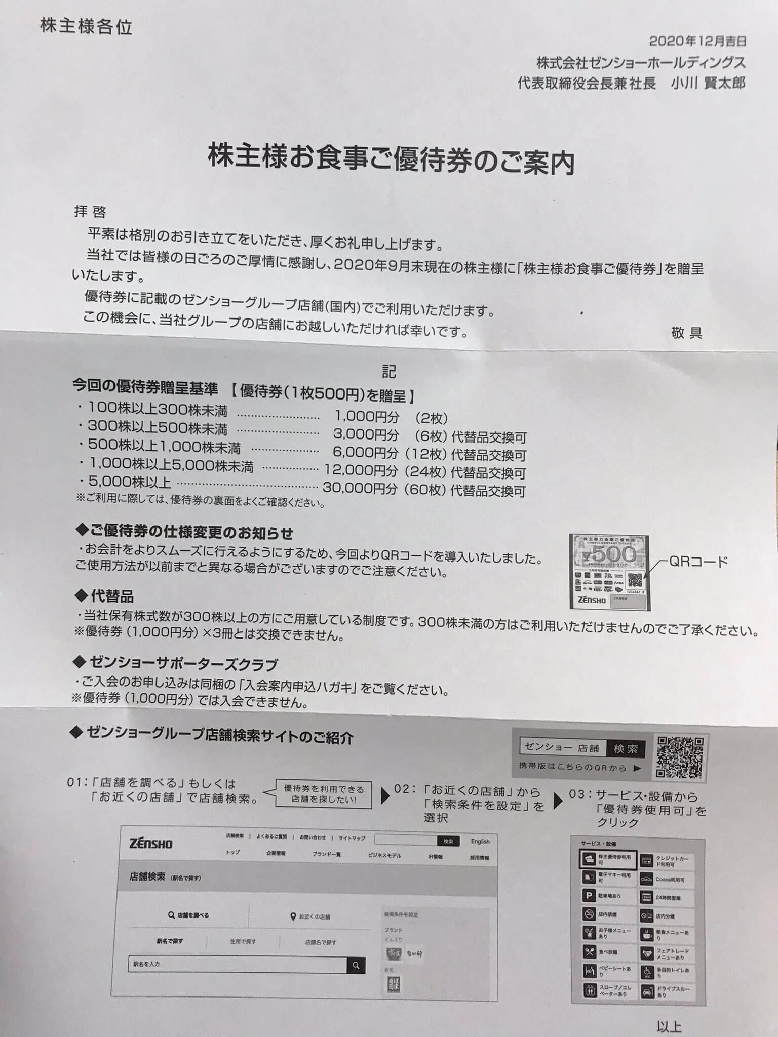 ゼンショーホールディングス　株主優待12000円分レストラン/食事券